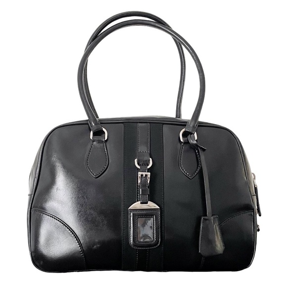 Prada Handbags - Prada RARE black shiny leather striped bowling bag satchel